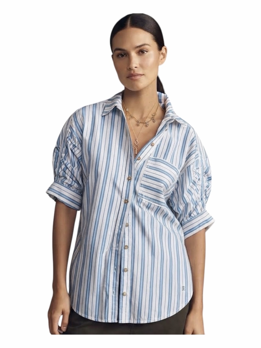 Anthropologie Pilcro Ruched Sleeve Striped Buttondown Shirt - Size Large
